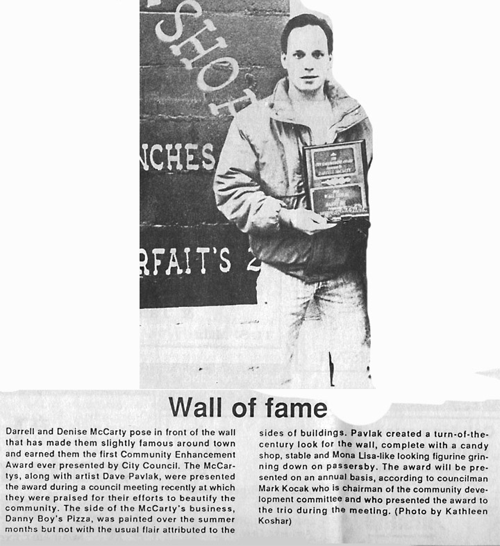 Morning Journal clipping headlined 'Wall of Fame,' covering Darrell and Denise McCarty receiving Amherst's first Community Enhancement Award